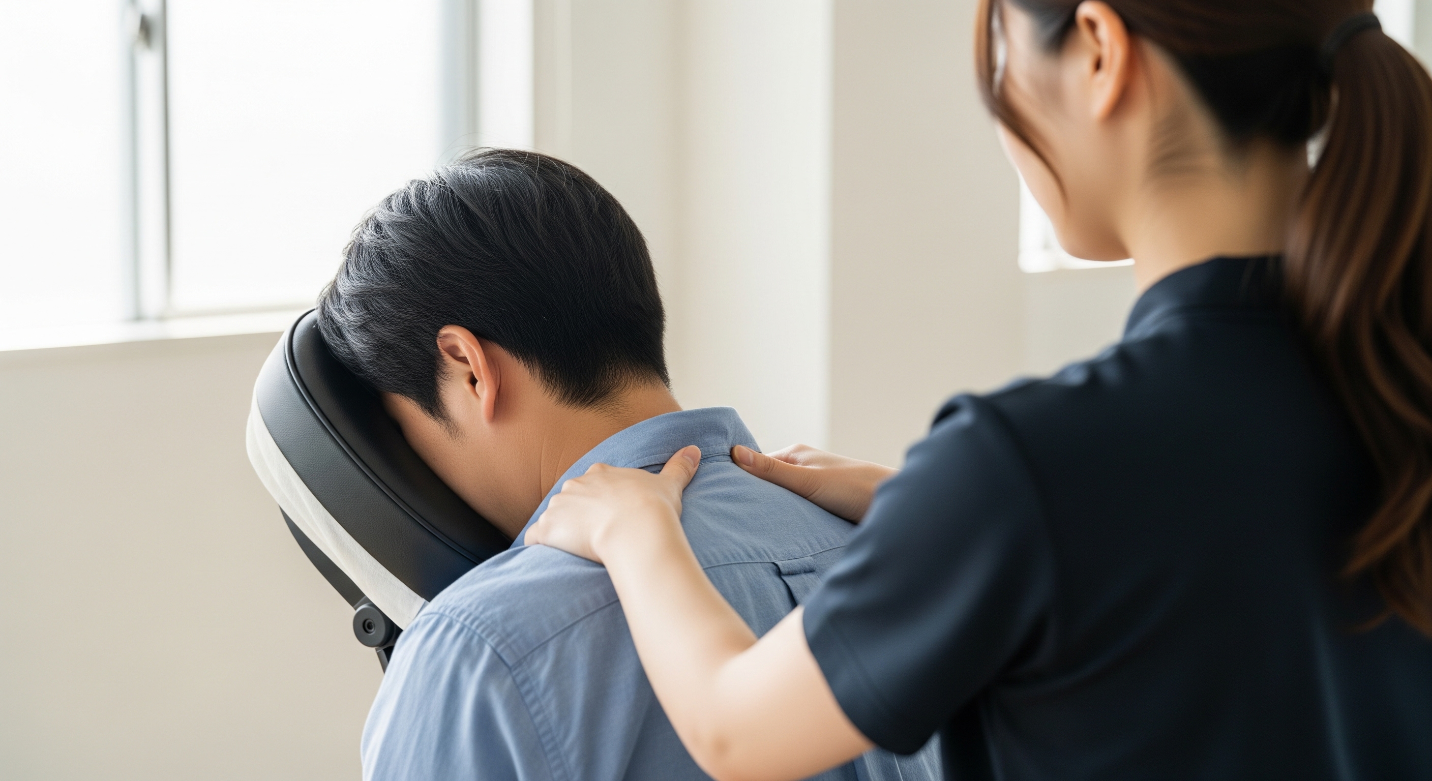 Personne recevant un massage relaxant sur une chaise ergonomique